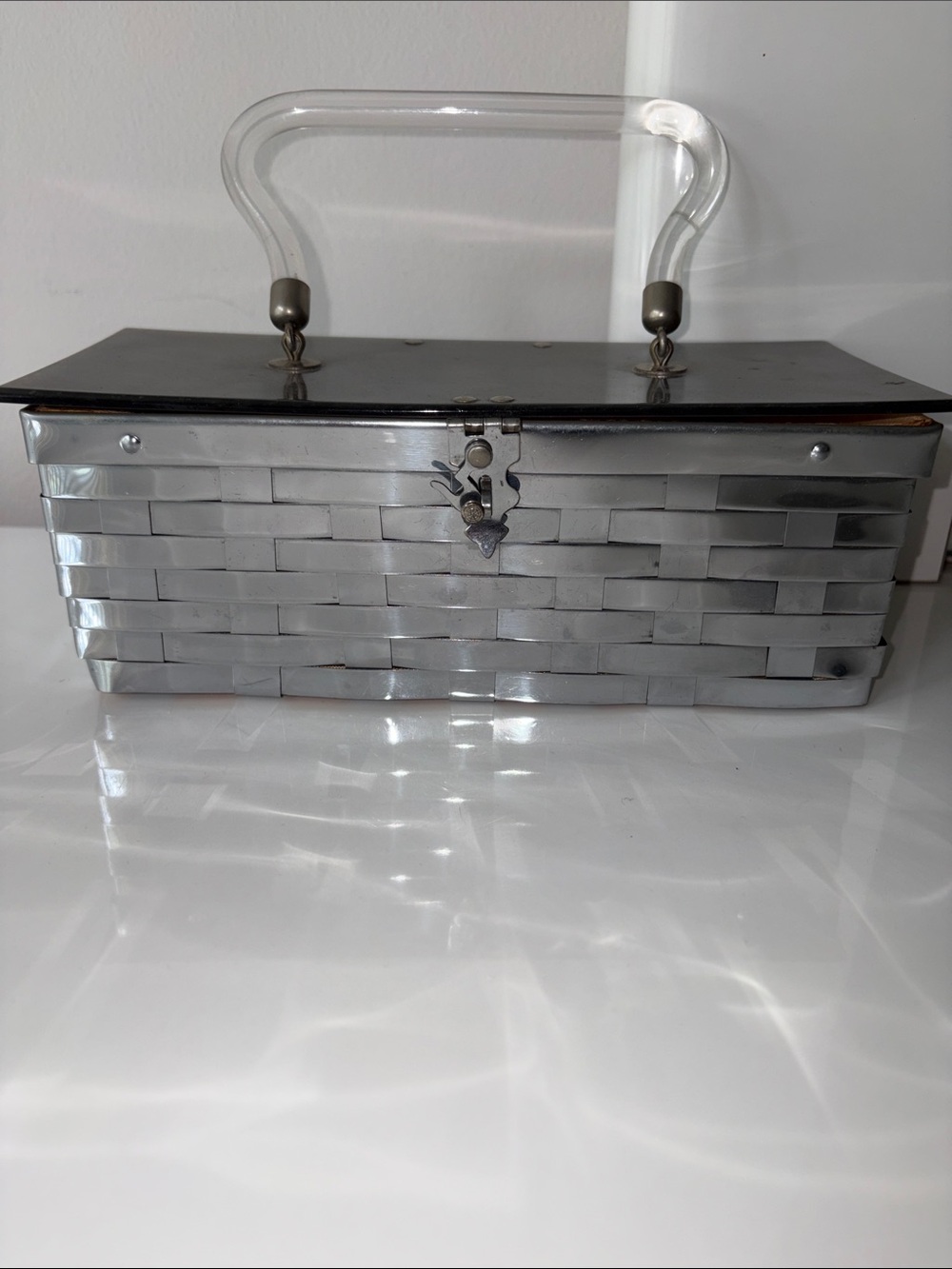 1950s Vintage Silver Woven Picnic Basket with Clear Lucite Handle